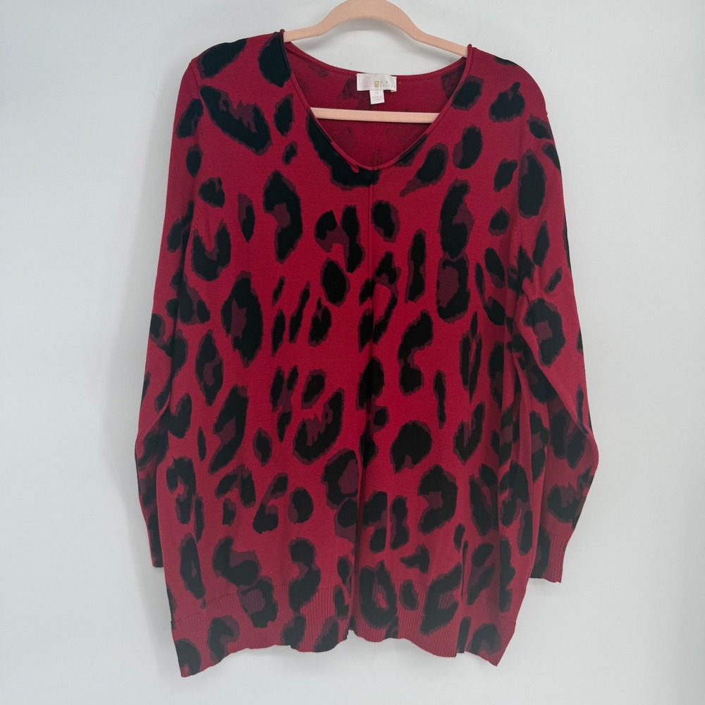 Belle by Kim Gravel Red Black Leopard Print V-Neck Sweater Tunic 1X QVC A455224